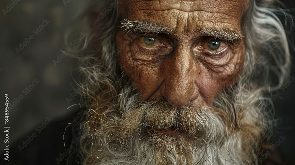 In a captivating photograph, the timeless character of a biblical old man is highlighted in a close-up portrait In a captivating photograph, the timeless character of a biblical old man is highlighted in a close-up portrait