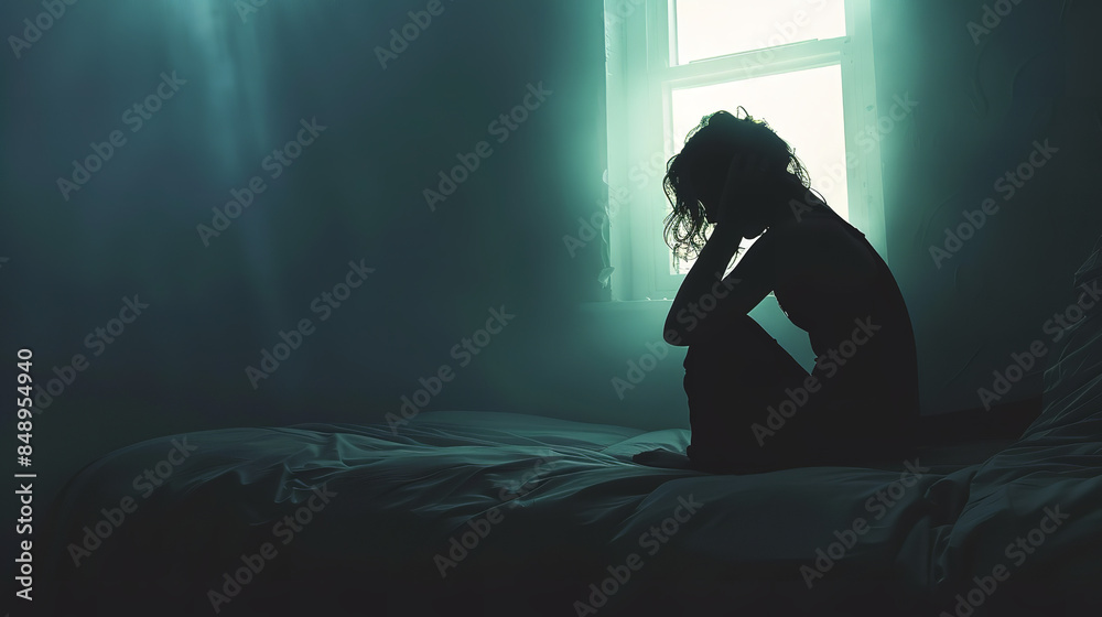 In the dimly lit room, the silhouette of a woman sits on the edge of the bed, her posture conveying deep sadness In the dimly lit room, the silhouette of a woman sits on the edge of the bed, her posture conveying deep sadness