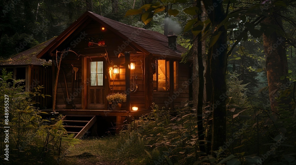 Quaint wooden cabin with lantern-lit porch, surrounded by enchanted forest flora, soft glow from inside, medium shot, twilight hues. Quaint wooden cabin with lantern-lit porch, surrounded by enchanted forest flora, soft glow from inside, medium shot, twilight hues.