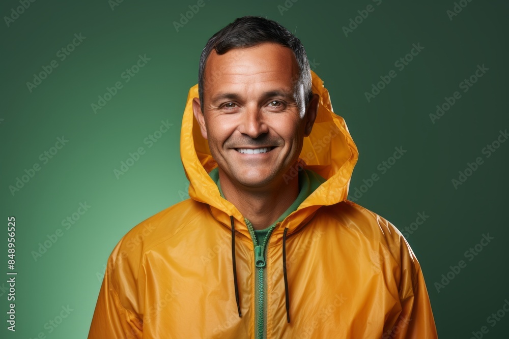 Fototapeta premium Portrait of a smiling man in his 40s wearing a lightweight packable anorak on solid color backdrop