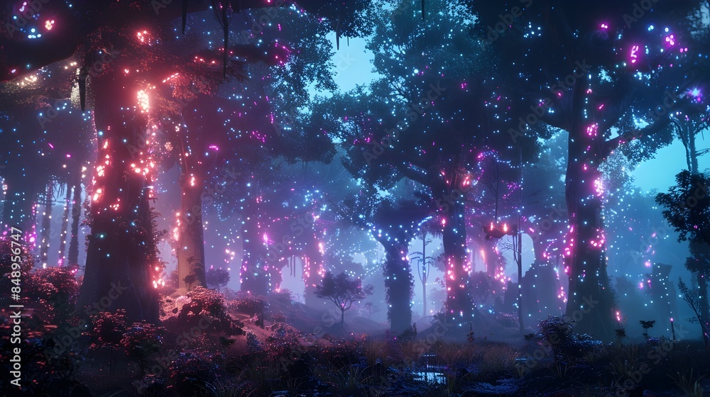 Futuristic Cyber Forest with Glowing Neon Trees and Robotic Wildlife Blending Nature and Technology
