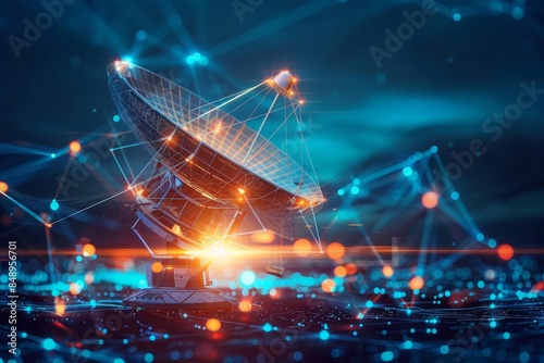 Realistic satellite dish merging with a digital communication network overlay © Cheewynn