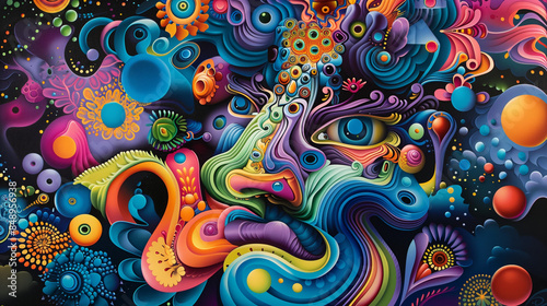 A work of abstract art that eccentrically combines creative forms with a psychedelic style. An explosion of colors and irregular shapes create a unique image.
