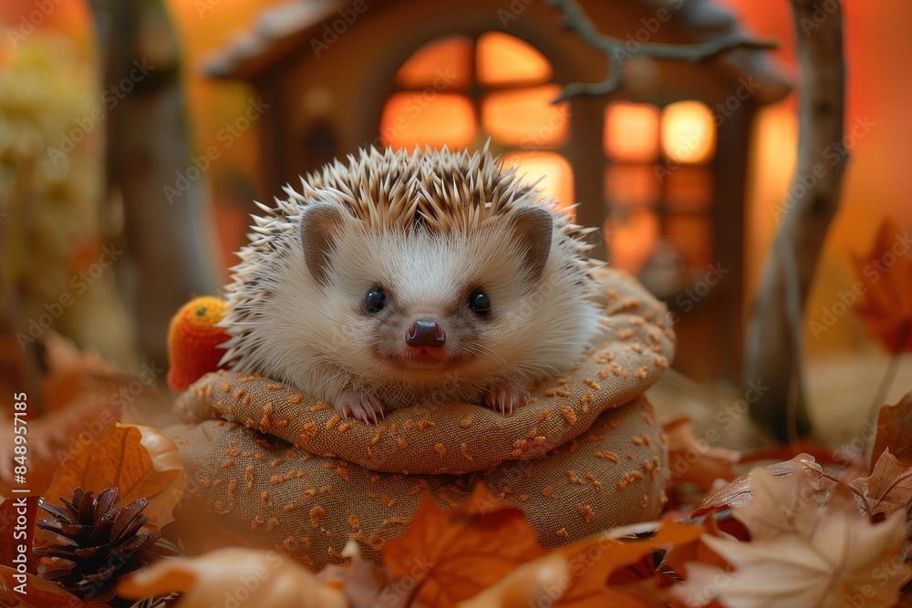 Baby Hedgehog: A tiny baby hedgehog with soft quills, curled up into a ball on a bed of fallen leaves. Baby Hedgehog: A tiny baby hedgehog with soft quills, curled up into a ball on a bed of fallen leaves.