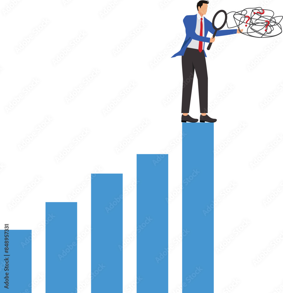 Analyze problem finding solution or opportunity, look for details to solve problem, discovery or search, root cause analysis or troubleshooting concept, businessman analyze mess with magnifying glass Analyze problem finding solution or opportunity, look for details to solve problem, discovery or search, root cause analysis or troubleshooting concept, businessman analyze mess with magnifying glass