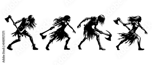 Witch, vampire, demon, creepy and spooky elements. Scary zombie woman with axe silhouette black filled vector Illustration icon