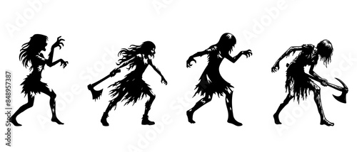 Witch, vampire, demon, creepy and spooky elements. Scary zombie woman with axe silhouette black filled vector Illustration icon