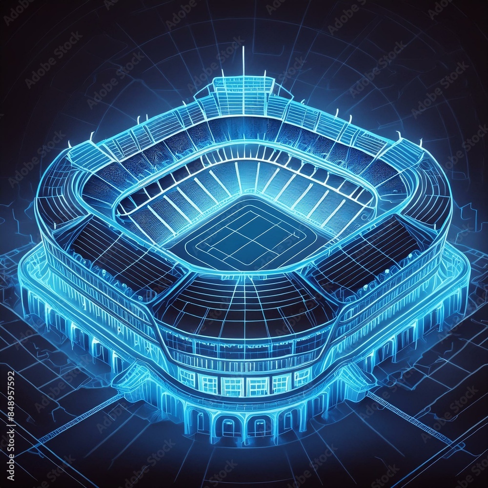 Fototapeta premium A holographic blueprint of a football stadium, its iconic form outlined in intricate neon blue patterns, suspended against a dark void.