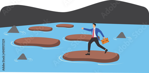 tepping stones to success, progress or milestone pathway to achieve target, small step to overcome difficulty, development stages concept, confidence businessman stepping on stones across ocean