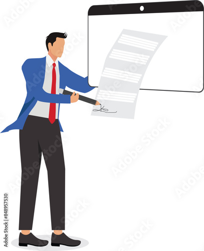 Digital signature or electronic agreement contact, online document signing, internet transaction identity, certified handwriting application concept, businessman signing digital signature on computer