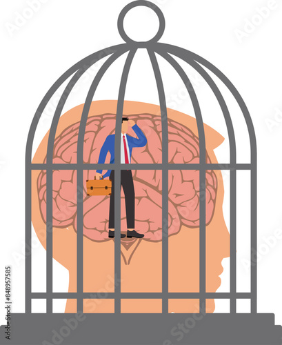 Prison mind, fixed mindset or trapped inside psychology, stressed anxiety or overworked, slavery, despair prisoner or depression concept, businessman trapped inside birdcage on human head brain