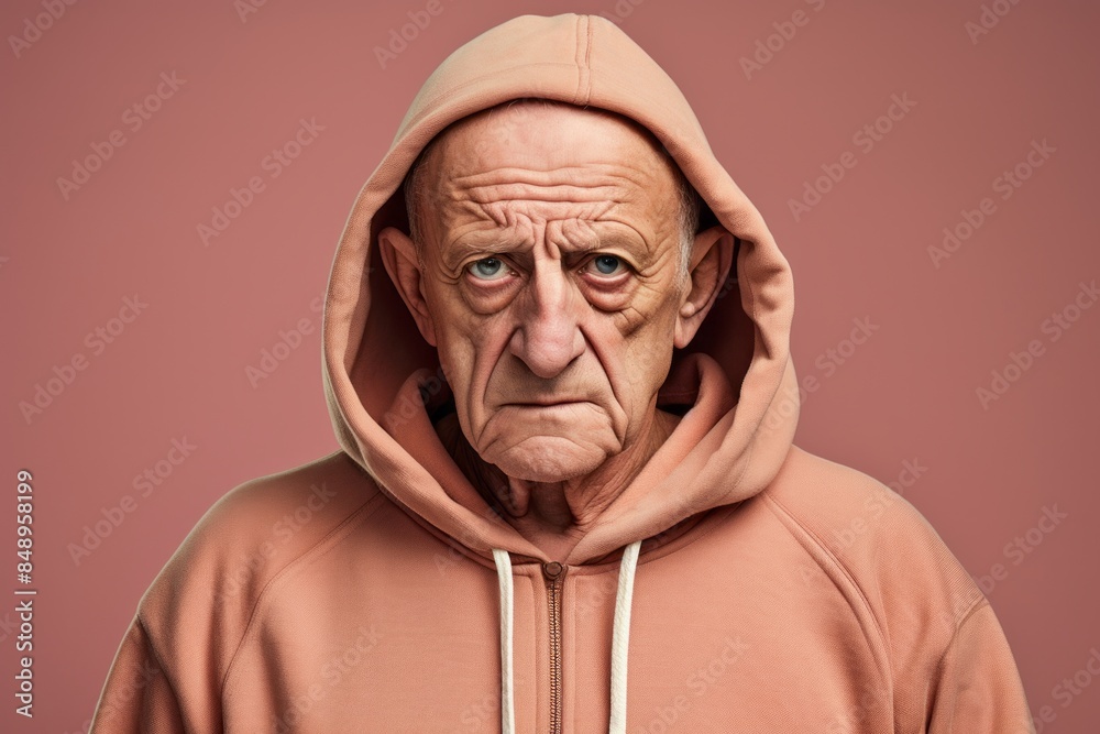 Portrait of a tender man in his 70s sporting a comfortable hoodie on solid color backdrop Portrait of a tender man in his 70s sporting a comfortable hoodie on solid color backdrop