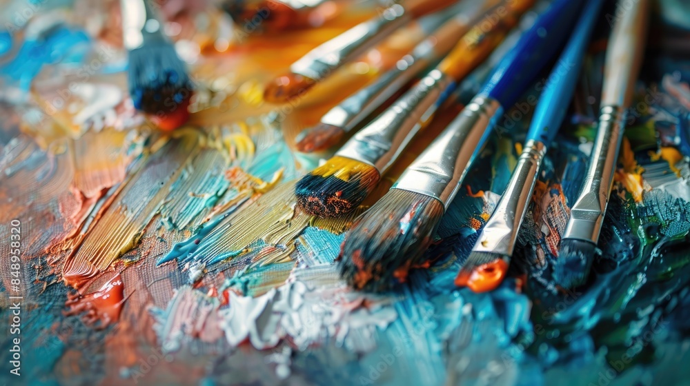 Close up view of assorted brushes on glass acrylic paint tubes on pallet Close up view of assorted brushes on glass acrylic paint tubes on pallet