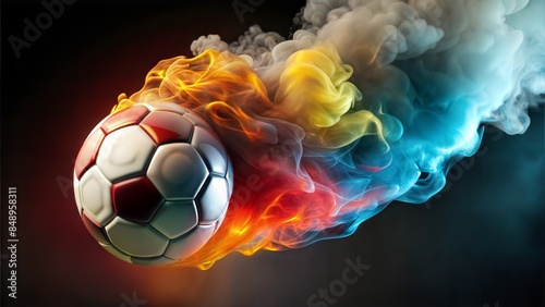 A soccer ball flies through clouds of colored smoke.