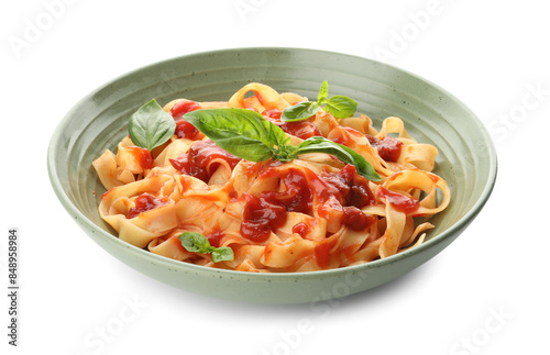 Delicious pasta with tomato sauce and basil in bowl isolated on white