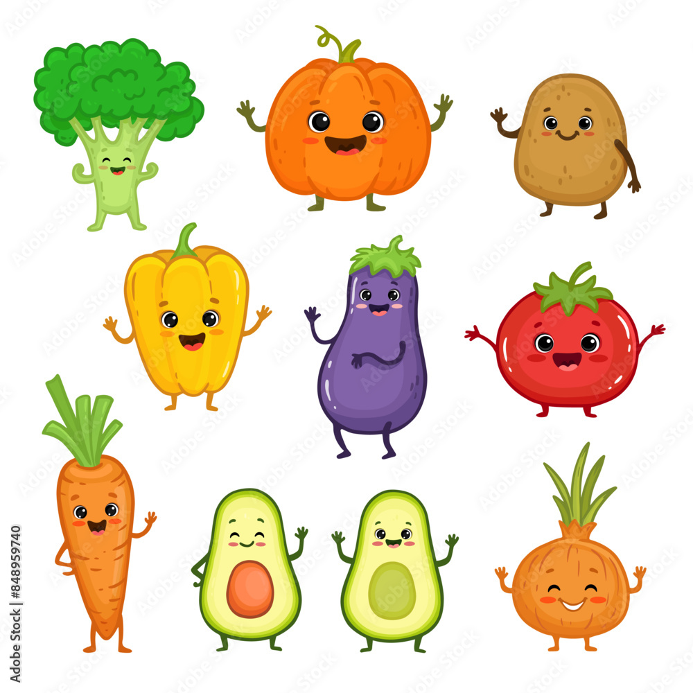 Set of cartoon vegetable characters. Cute broccoli, potato, carrot, tomato, pepper, eggplant, onion, avocado, pumpkin with arms and legs for kids. Food illustration. Menu. Vector Set of cartoon vegetable characters. Cute broccoli, potato, carrot, tomato, pepper, eggplant, onion, avocado, pumpkin with arms and legs for kids. Food illustration. Menu. Vector