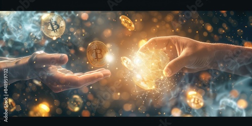 Close up of business man hand exchanging money to cryptocurrency. Investor changing coin currency with digital coin with hologram of abstract financial investment trading or shiny gold coin. AIG42. photo