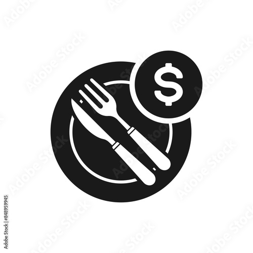 Food price. Knife and fork on plate with money icon flat style isolated on white background. Vector illustration