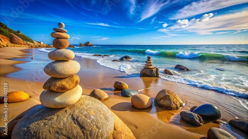 Serenity-filled coastal scene featuring precariously balanced rocks on a sandy beach, set against a stunning rocky shoreline and endless blue ocean backdrop. photo