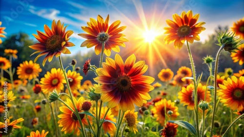 Vibrant blossoms of sun-kissed flowers sway gently in the breeze, radiating warmth and serenity, evoking feelings of pure joy and unbridled freedom.
