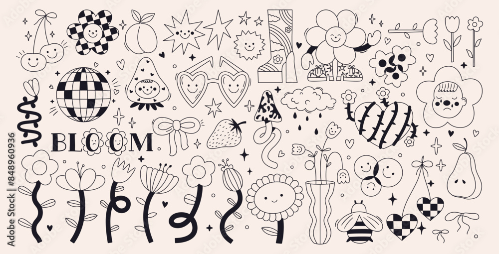 Set of naive retro doodles in black color. Cute line flowers, hearts, strawberry, cherry, smiling faces. Abstract groovy and 70s disco party outline drawings. Funky vector elements for card, poster Set of naive retro doodles in black color. Cute line flowers, hearts, strawberry, cherry, smiling faces. Abstract groovy and 70s disco party outline drawings. Funky vector elements for card, poster