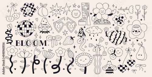 Set of naive retro doodles in black color. Cute line flowers, hearts, strawberry, cherry, smiling faces. Abstract groovy and 70s disco party outline drawings. Funky vector elements for card, poster