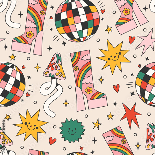 Seamless vector pattern with disco dance elements in 70s and 80s style. Groovy background with heeled boot, discoball, mushroom, stars. Fun psychedelic texture for wallpaper, wrapping paper, textile