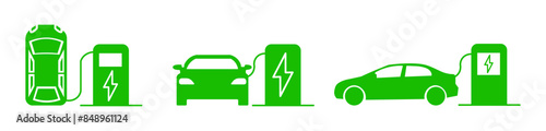 Electric car icon set. Electric vehicle charging station. Automatic battery charging. Electric car charging station vector icons