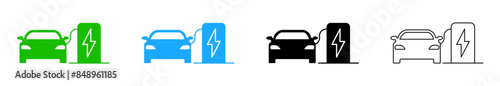 Electric car icon set. Charging station for electric cars. Automatic battery charger. An electric car stands near a charging station icon vector eps10