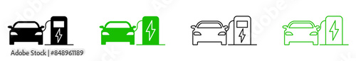 Electric car linear icons set. Charging station for electric cars. Linear secondary battery charger. An electric car stands near a charging station icon