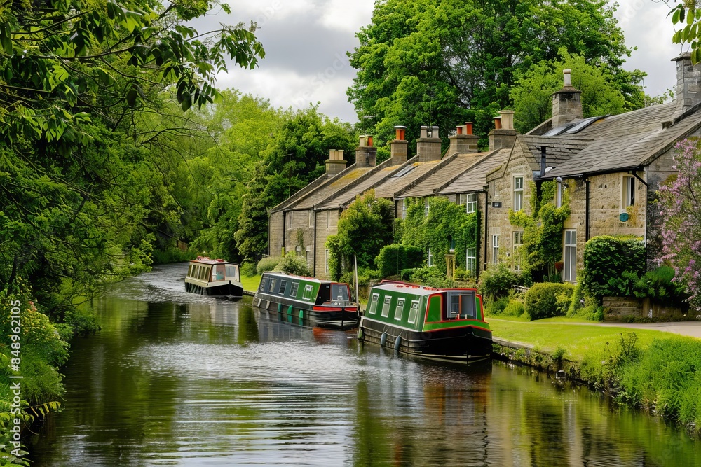 Narrow boats on the canal at Timworth in Yorkshire with trees and greenery, a row of picturesque stone buildings along one side of the river.