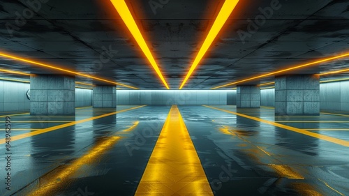 Industrial Underground Parking Garage with Neon Lights and Modern Design