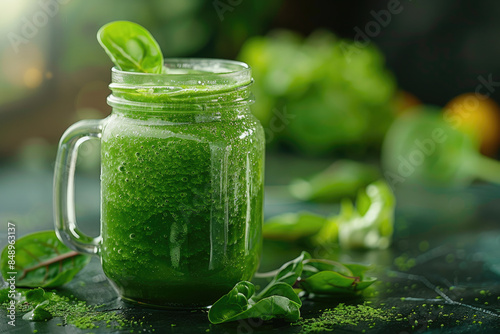 A glass jar of healthy green smoothie with spinach and other leafy greens on a dark background. photo