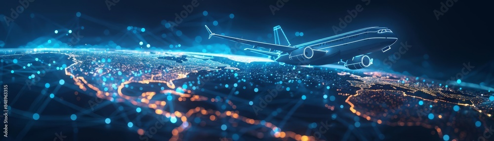 Naklejka premium Low poly wireframe airplane flying across a world map composed of glowing blue dots and lines low wireframe aeroplane fly across earth map compose glow travel concept render fi abs