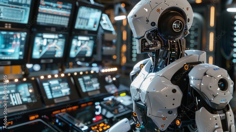 Futuristic Robot in a Control Room Futuristic Robot in a Control Room