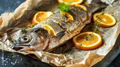 Grilled whole carp fish with lemon and oranges served on parchment paper