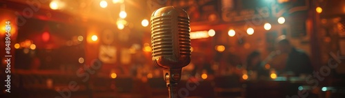 An intimate jazz club scene with a vintage microphone front and center