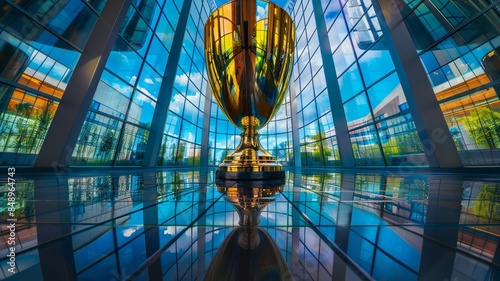 Golden Trophy in Modern Glass Building with Vibrant Reflections photo