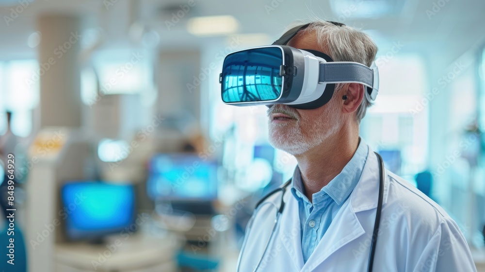 A senior doctor wearing a virtual reality headset in a modern hospital setting, utilizing advanced technology for medical purposes.