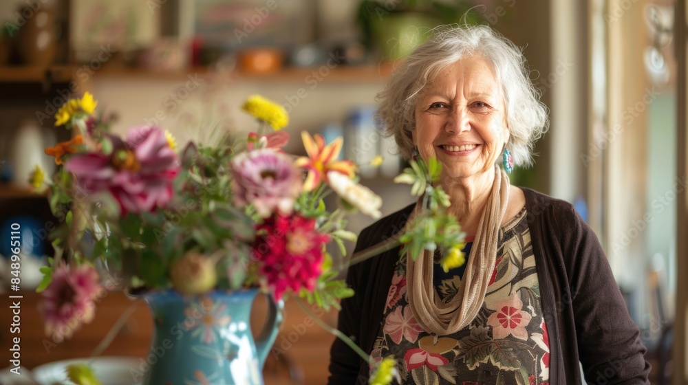 A cheerful senior woman standing with a vibrant bouquet of fresh flowers, showcasing joy and the beauty of nature. A cheerful senior woman standing with a vibrant bouquet of fresh flowers, showcasing joy and the beauty of nature.