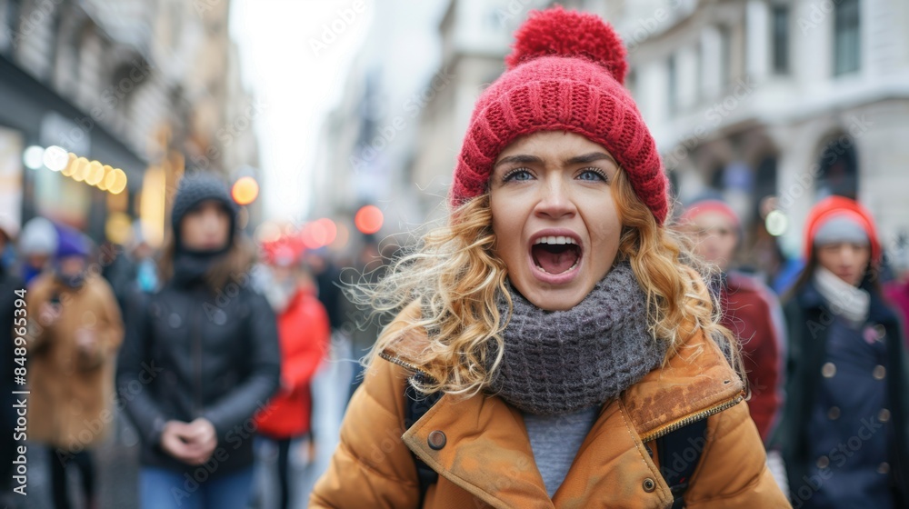 A woman passionately protesting in a winter street demonstration, wearing a red hat and bundled in warm clothing, among a crowd. A woman passionately protesting in a winter street demonstration, wearing a red hat and bundled in warm clothing, among a crowd.