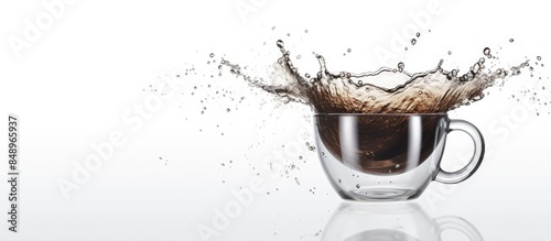 Black coffee in a cup with a splash set against a white backdrop perfect for a copy space image