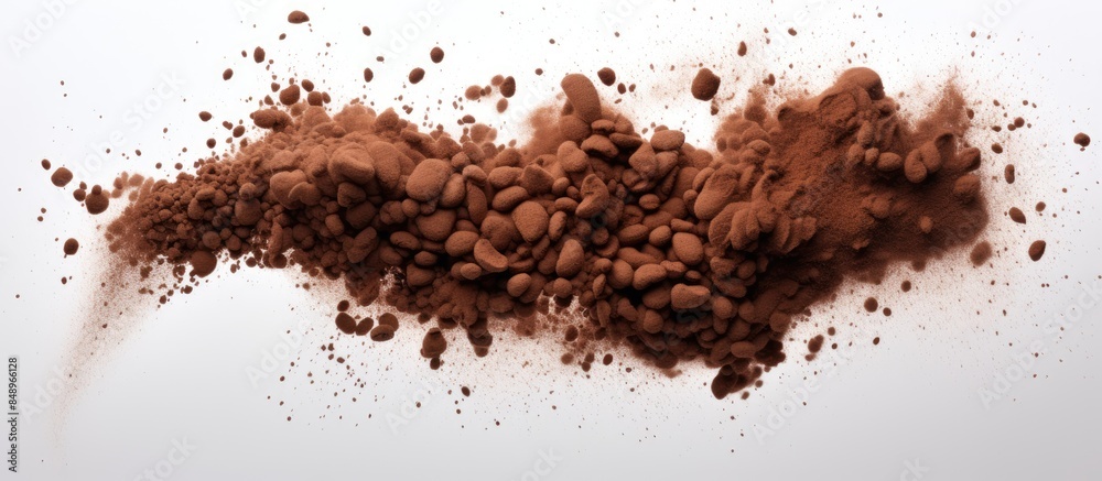 Coffee powder mixing with beans in mid air creating an abstract cloud with copy space image against a white background in high speed freeze frame shot Coffee powder mixing with beans in mid air creating an abstract cloud with copy space image against a white background in high speed freeze frame shot