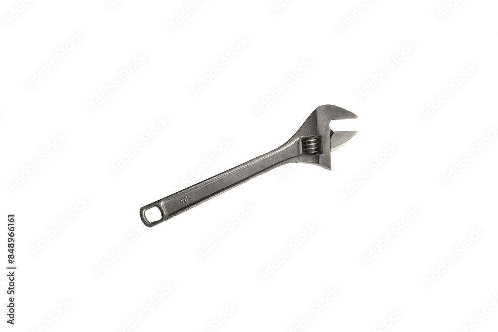 Close-up view of an adjustable wrench used in construction and various mechanic works, isolated on a png file with a transparent background. Close-up view of an adjustable wrench used in construction and various mechanic works, isolated on a png file with a transparent background.