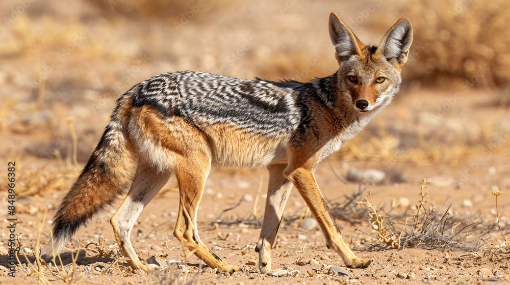 Obraz premium Black backed jackal walking isolated in natural background in Kgalagadi transfrontier park, South Africa ; Specie Canis mesomelas family of Canidae