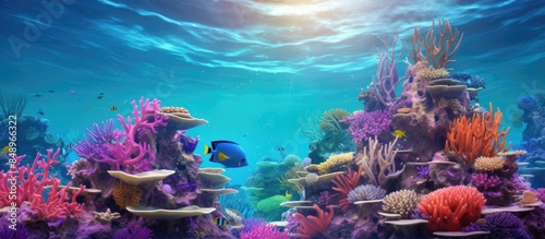 Underwater ocean coral reef scene with a sea world as the backdrop and copy space image