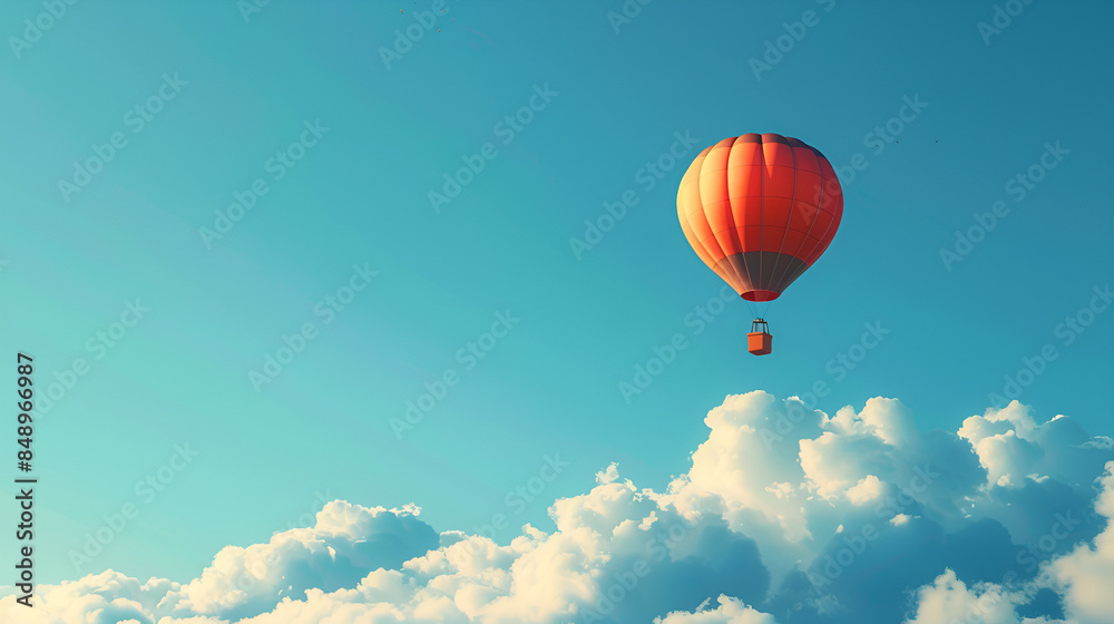 Fototapeta premium Red and white hot air balloons on the background of bright blue cloudy sky,on top of the balloons, inflate and float in the air,Beautiful balloon in the sky at sunset 