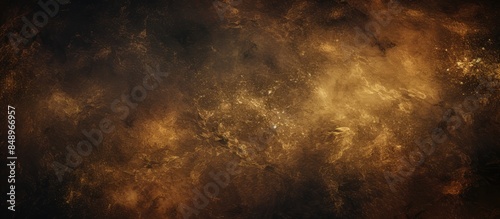 Grainy textured wallpaper with a golden hue against a very dark brown backdrop creates a blurry art piece with copy space image