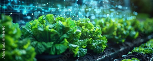 Hightech farming scene with vibrant lettuce plants and digital information overlays, showcasing precision agriculture