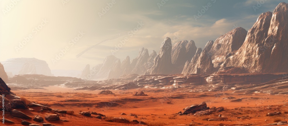 Obraz premium Red arid Mars with rocky features ideal for space exploration and sci fi settings offering a backdrop for a copy space image